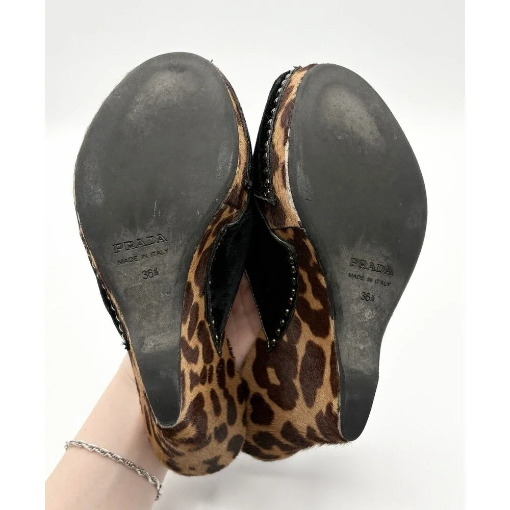 Prada Leopard Print Calf Hair Wedges Black Cut-Out & Stud Details Y2K Sz EU 36.5